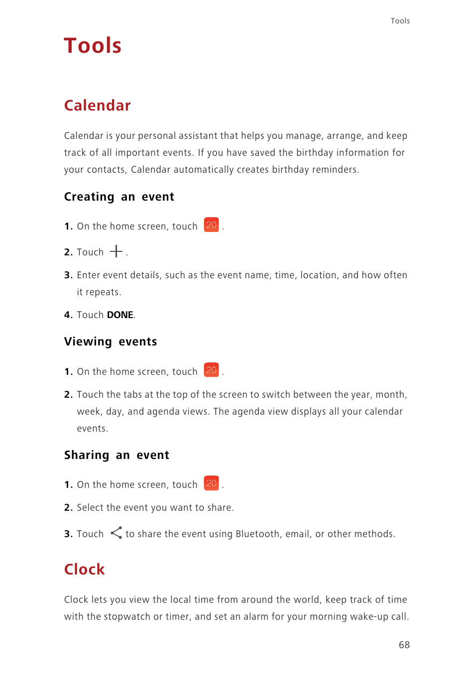 Tools, Calendar, Creating an event | Viewing events, Sharing an event, Clock | Huawei Ascend P7 P7-L10 User Guide User Manual | Page 72 / 90