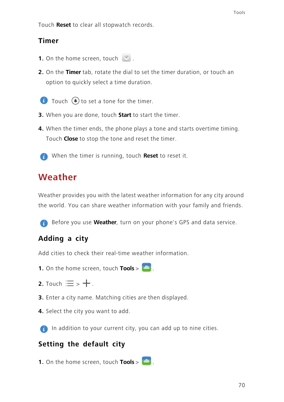 Timer, Weather, Adding a city | Setting the default city | Huawei Ascend P7 P7-L10 User Guide User Manual | Page 74 / 90