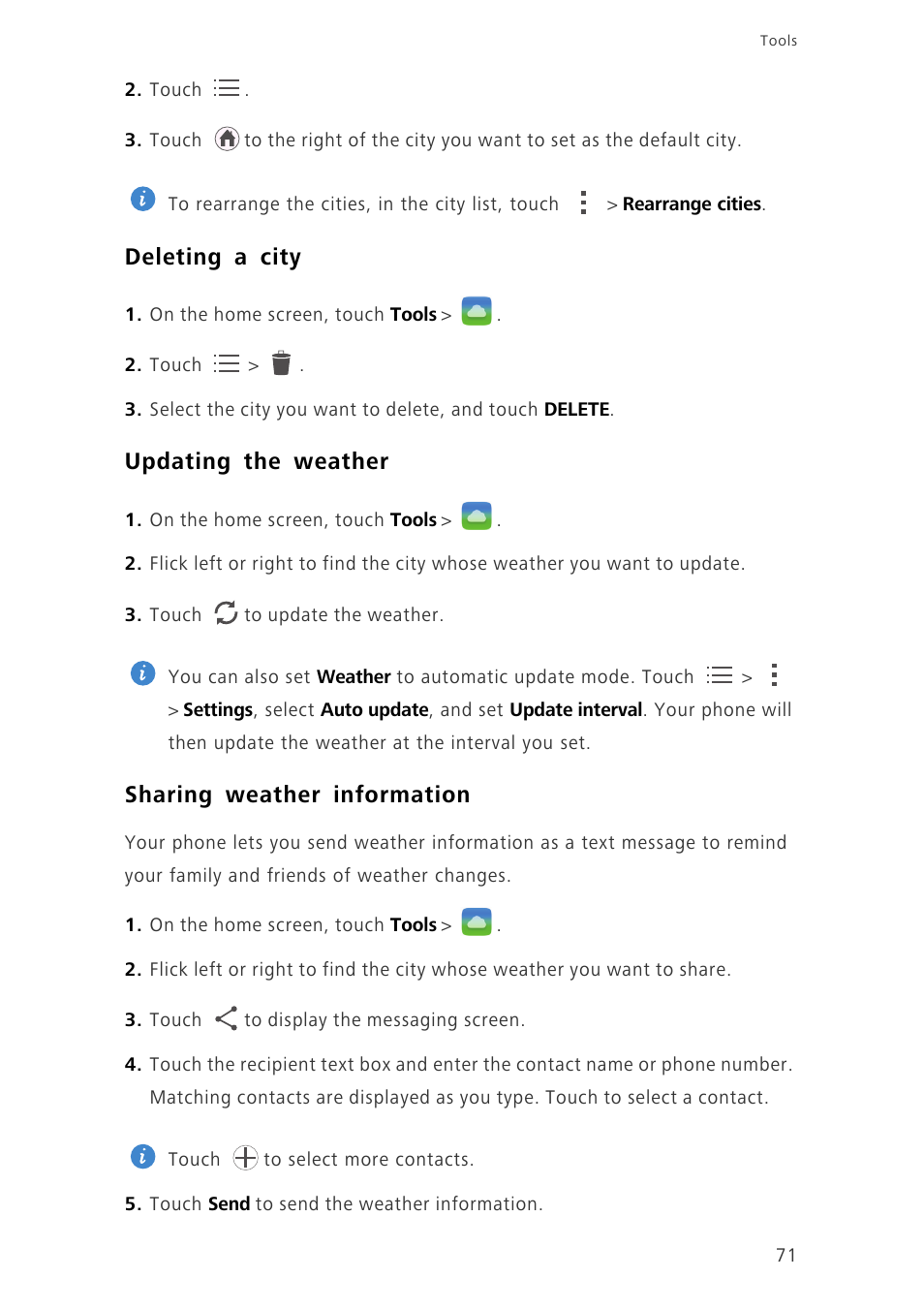 Deleting a city, Updating the weather, Sharing weather information | Huawei Ascend P7 P7-L10 User Guide User Manual | Page 75 / 90