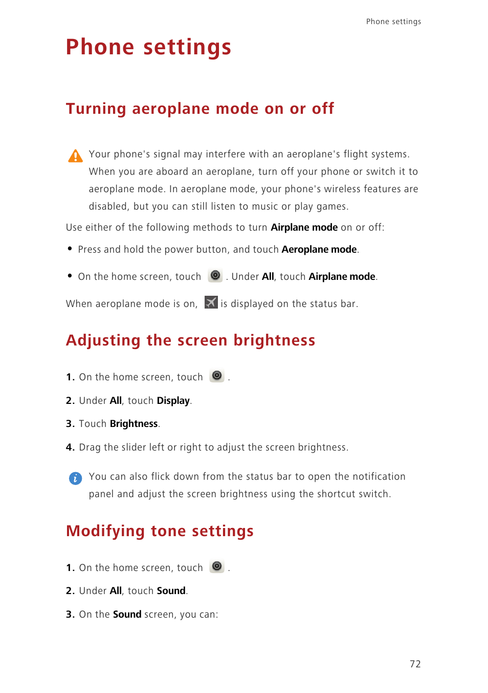 Phone settings, Turning aeroplane mode on or off, Adjusting the screen brightness | Modifying tone settings, Modifying display settings | Huawei Ascend P7 P7-L10 User Guide User Manual | Page 76 / 90