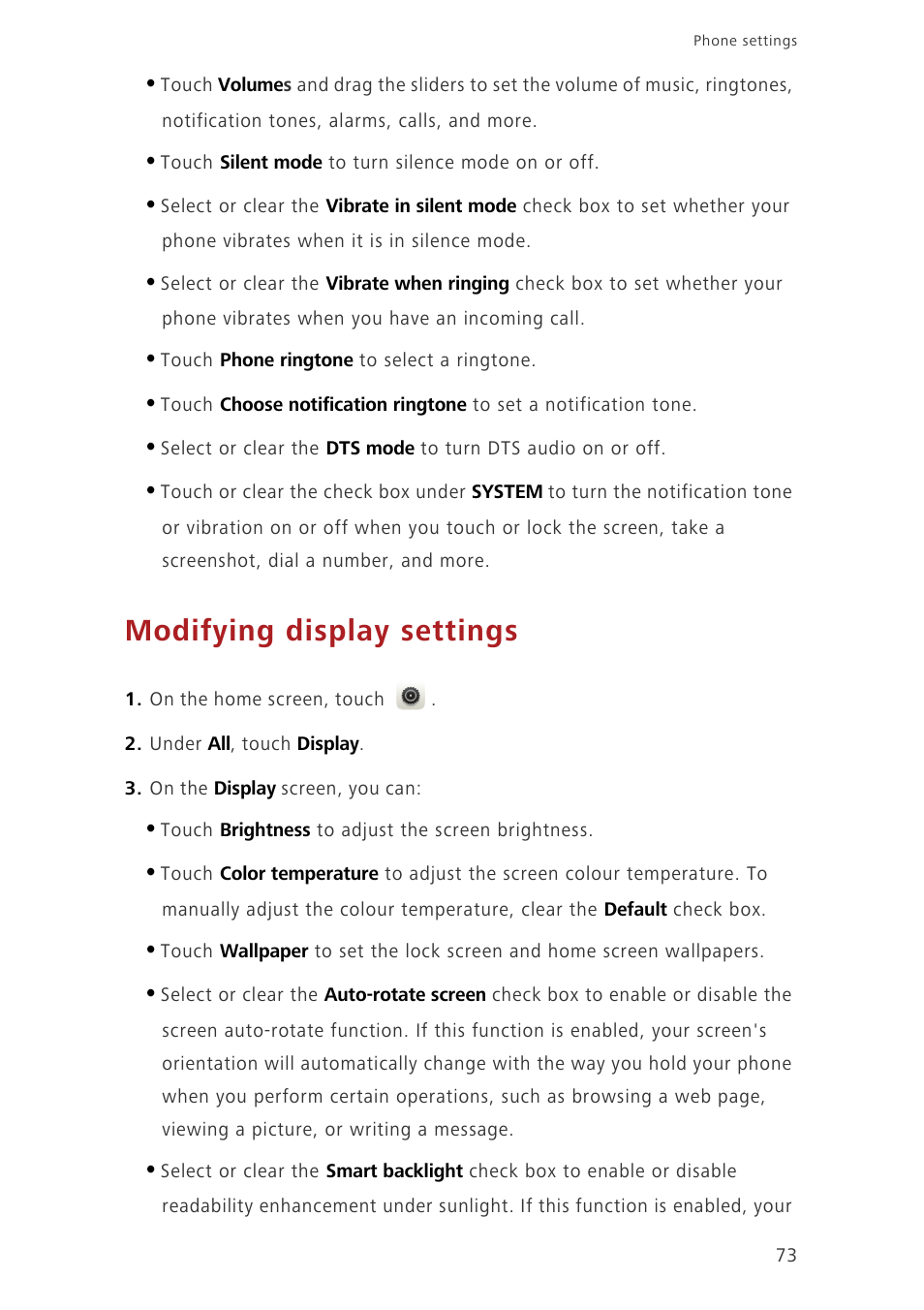 Modifying display settings, Turning do not disturb mode on or off | Huawei Ascend P7 P7-L10 User Guide User Manual | Page 77 / 90