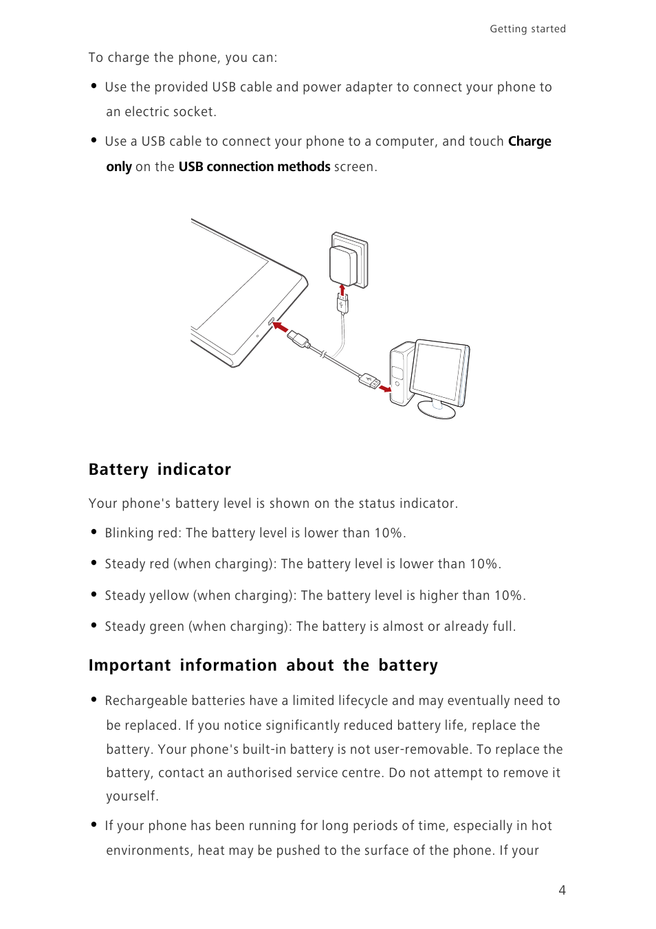 Battery indicator, Important information about the battery | Huawei Ascend P7 P7-L10 User Guide User Manual | Page 8 / 90