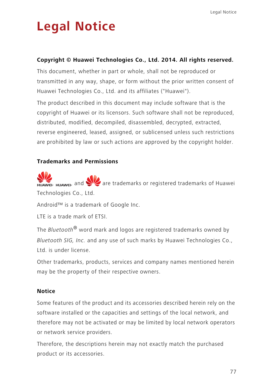 Legal notice, Trademarks and permissions, Notice | Huawei Ascend P7 P7-L10 User Guide User Manual | Page 81 / 90