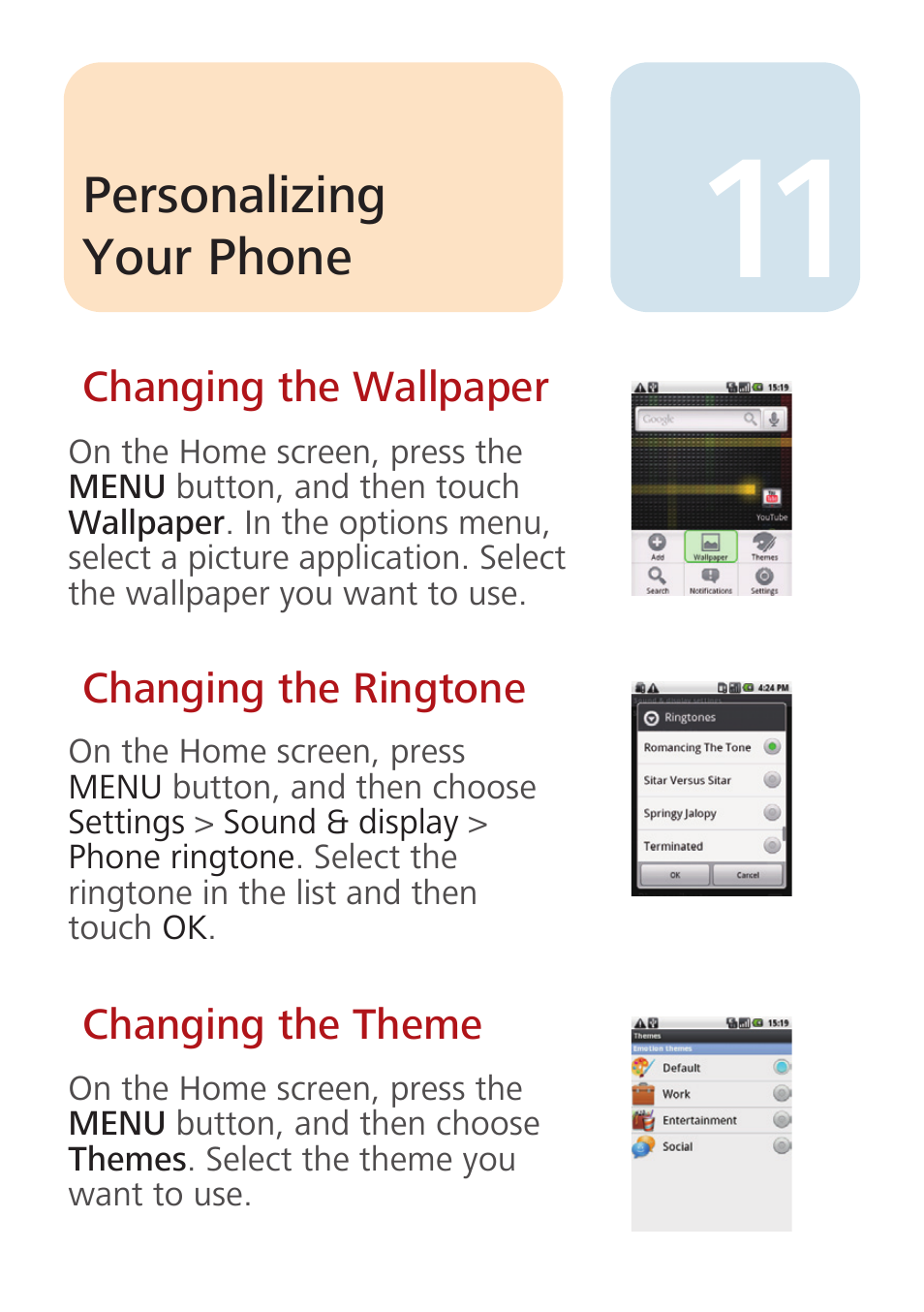 Personalizing your phone | Huawei U8100 Quick Start User Manual | Page 11 / 15