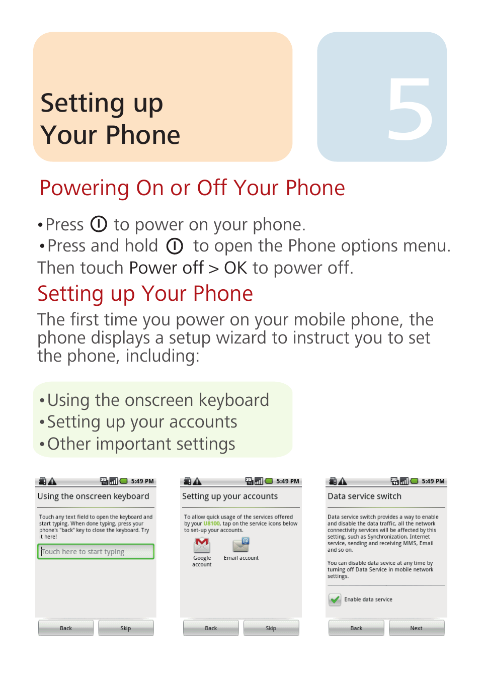 Setting up your phone | Huawei U8100 Quick Start User Manual | Page 5 / 15