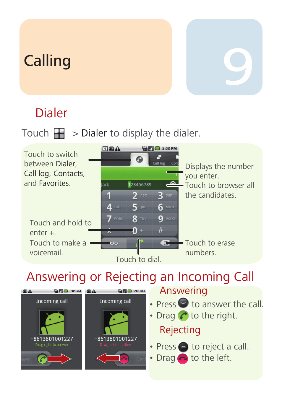 Calling, Answering or rejecting an incoming call, Dialer | Huawei U8100 Quick Start User Manual | Page 9 / 15