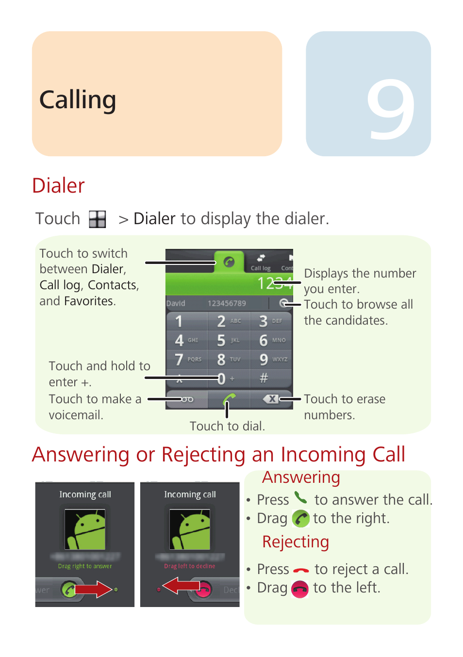 Calling, Answering or rejecting an incoming call, Dialer | Huawei U8110 Quick Start User Manual | Page 10 / 17