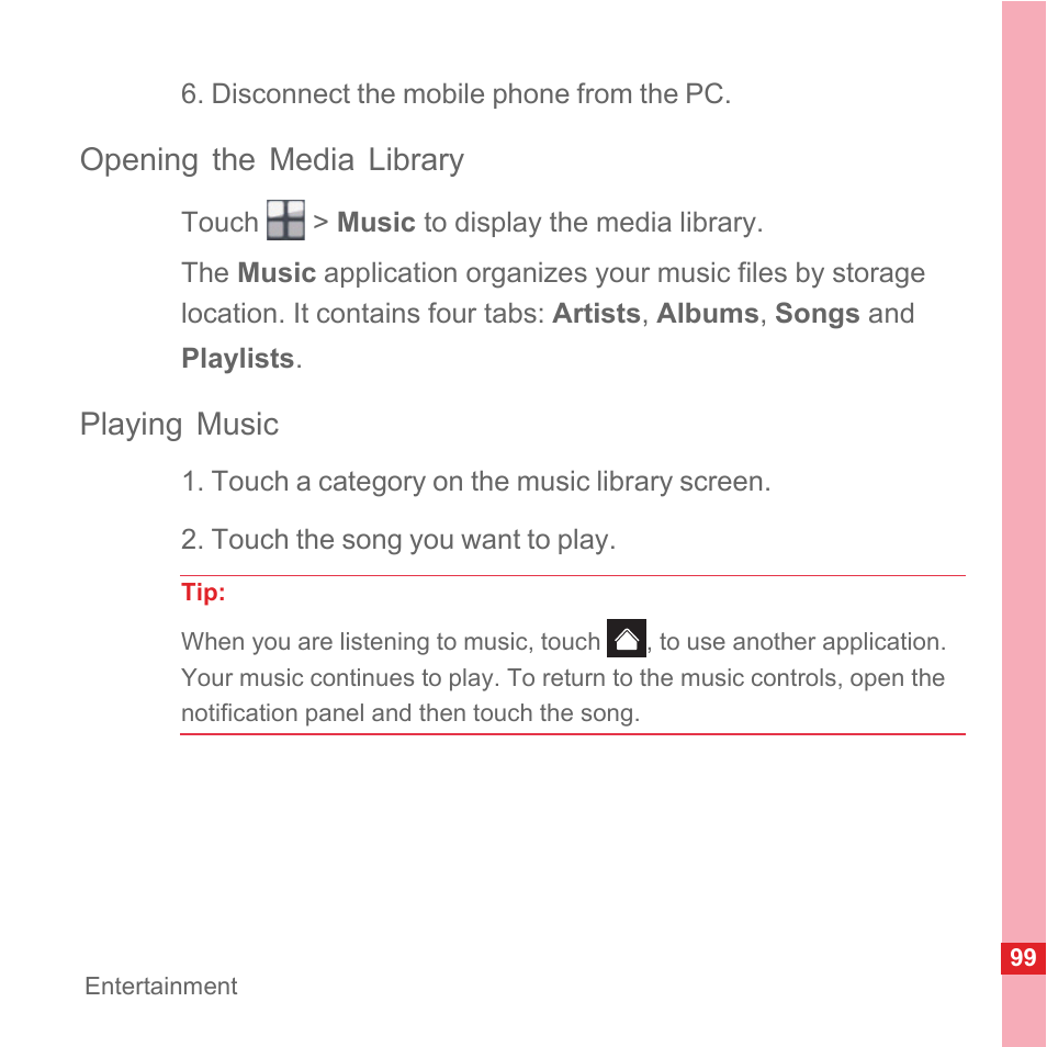 Opening the media library, Playing music | Huawei U8110 User Manual User Manual | Page 105 / 188