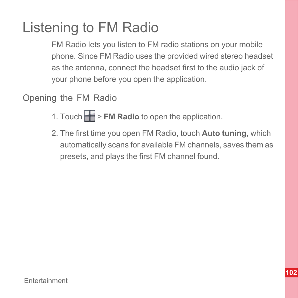 Listening to fm radio, Opening the fm radio | Huawei U8110 User Manual User Manual | Page 108 / 188