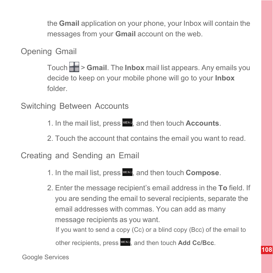 Opening gmail, Switching between accounts, Creating and sending an email | Huawei U8110 User Manual User Manual | Page 114 / 188