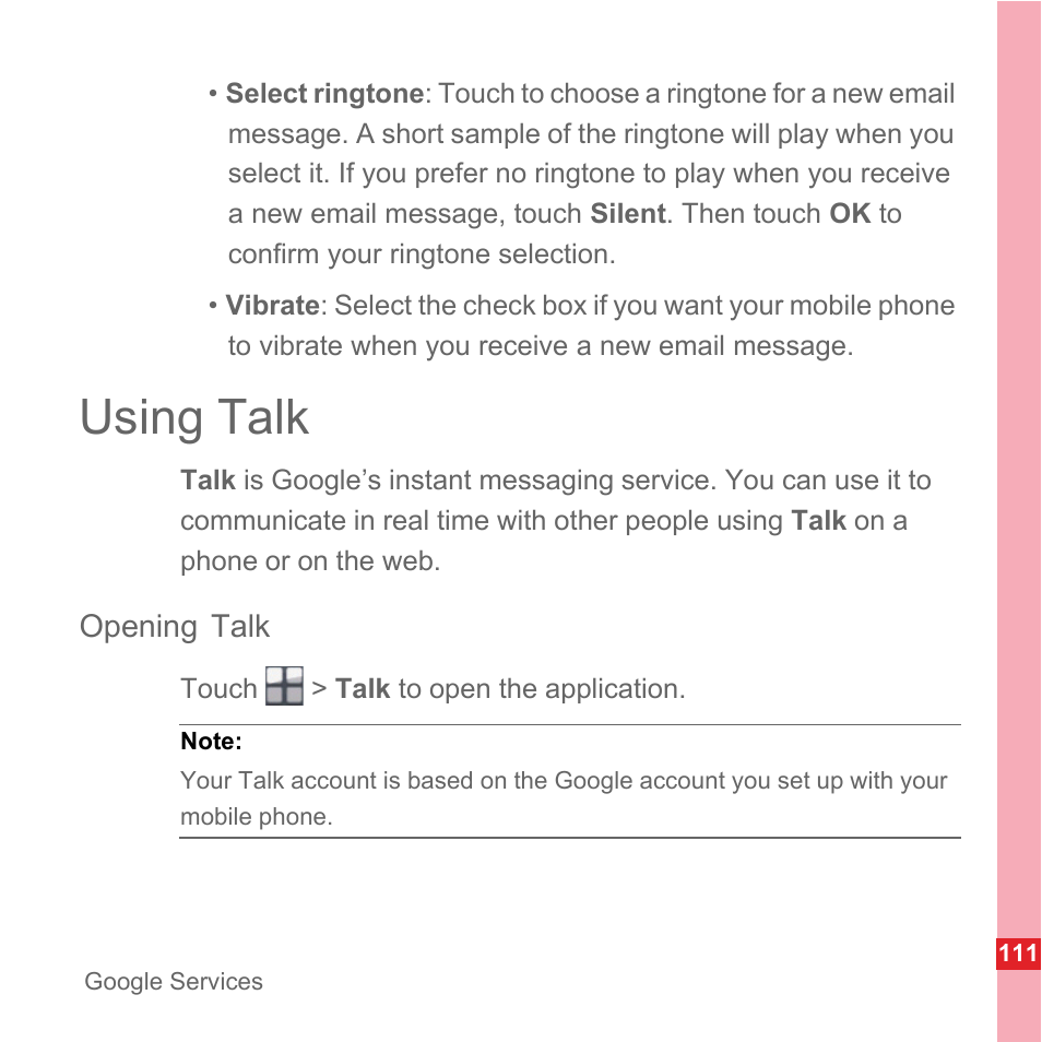 Using talk, Opening talk | Huawei U8110 User Manual User Manual | Page 117 / 188