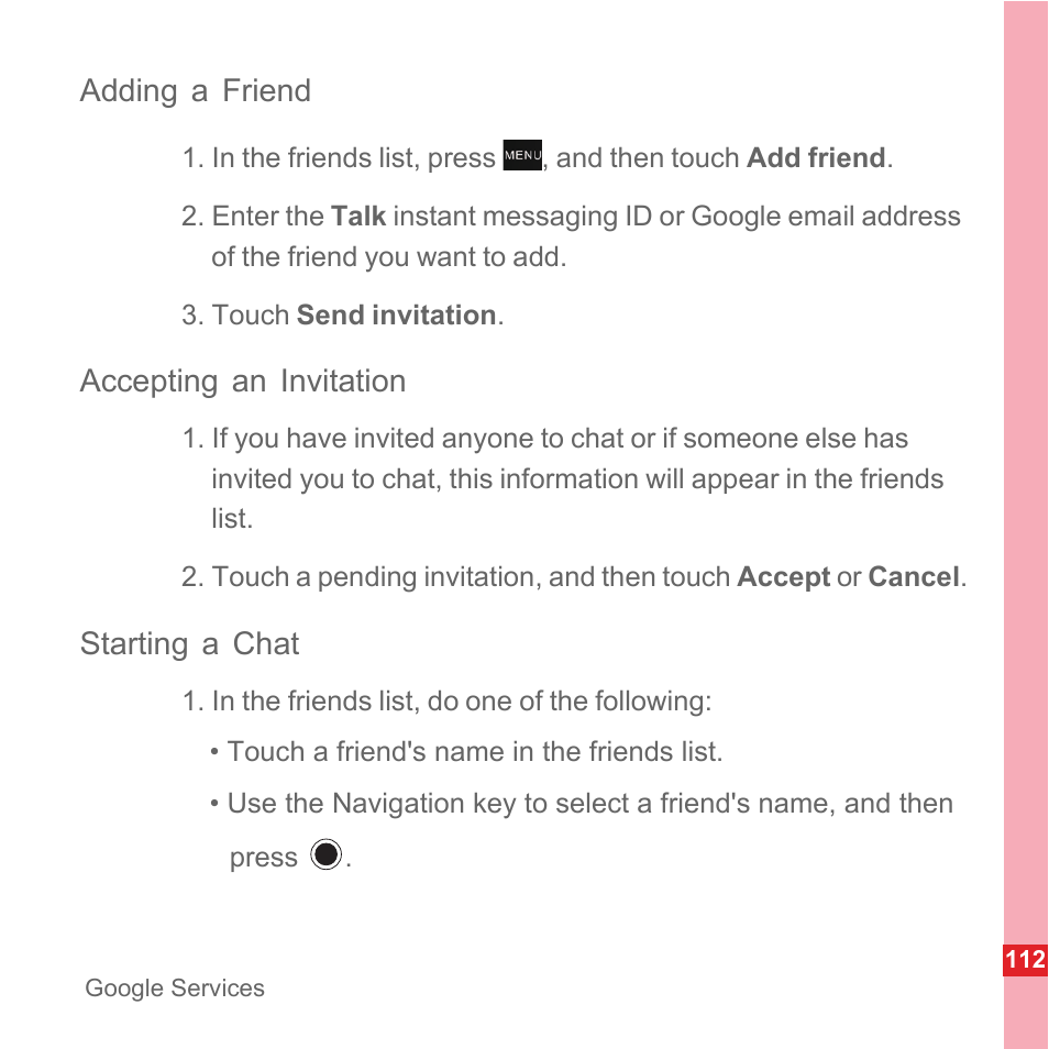 Adding a friend, Accepting an invitation, Starting a chat | Huawei U8110 User Manual User Manual | Page 118 / 188