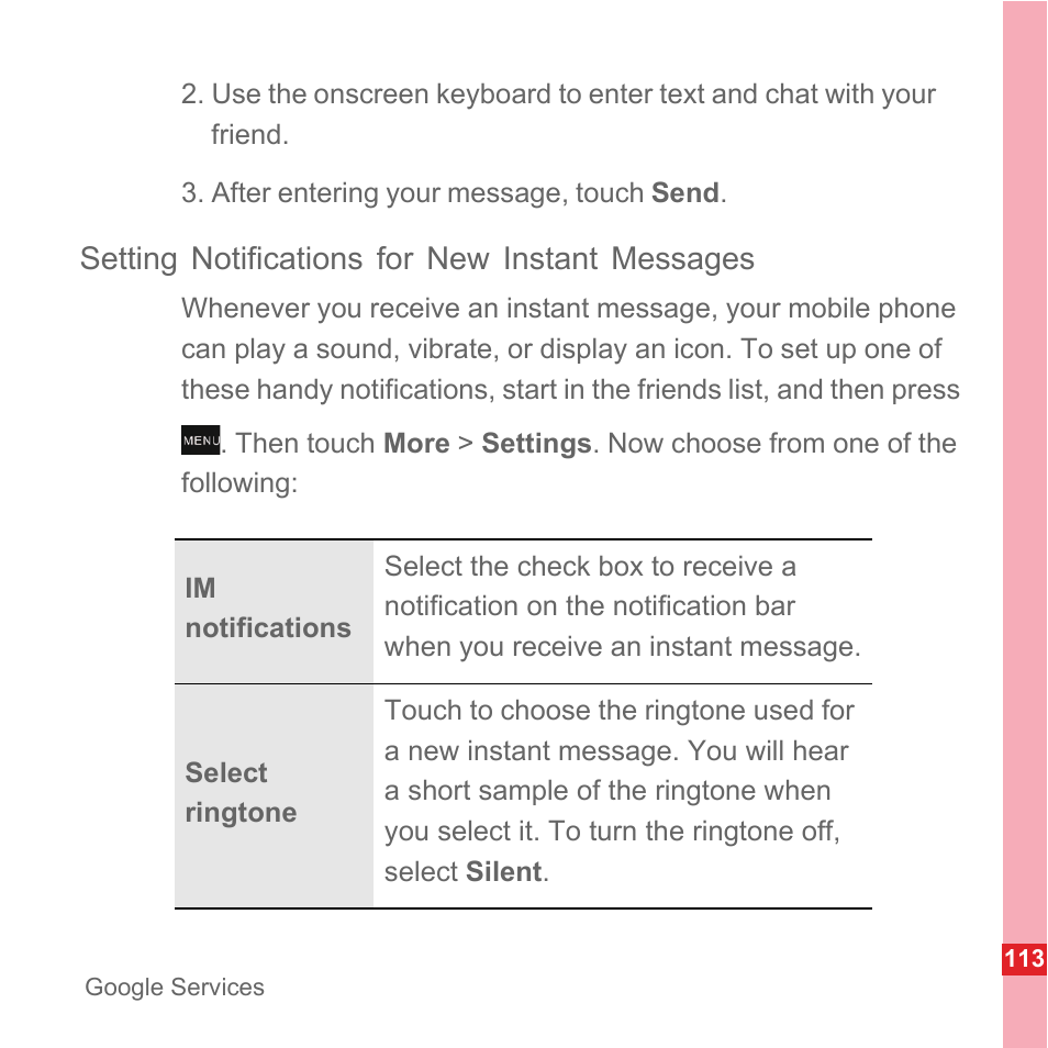 Setting notifications for new instant messages | Huawei U8110 User Manual User Manual | Page 119 / 188