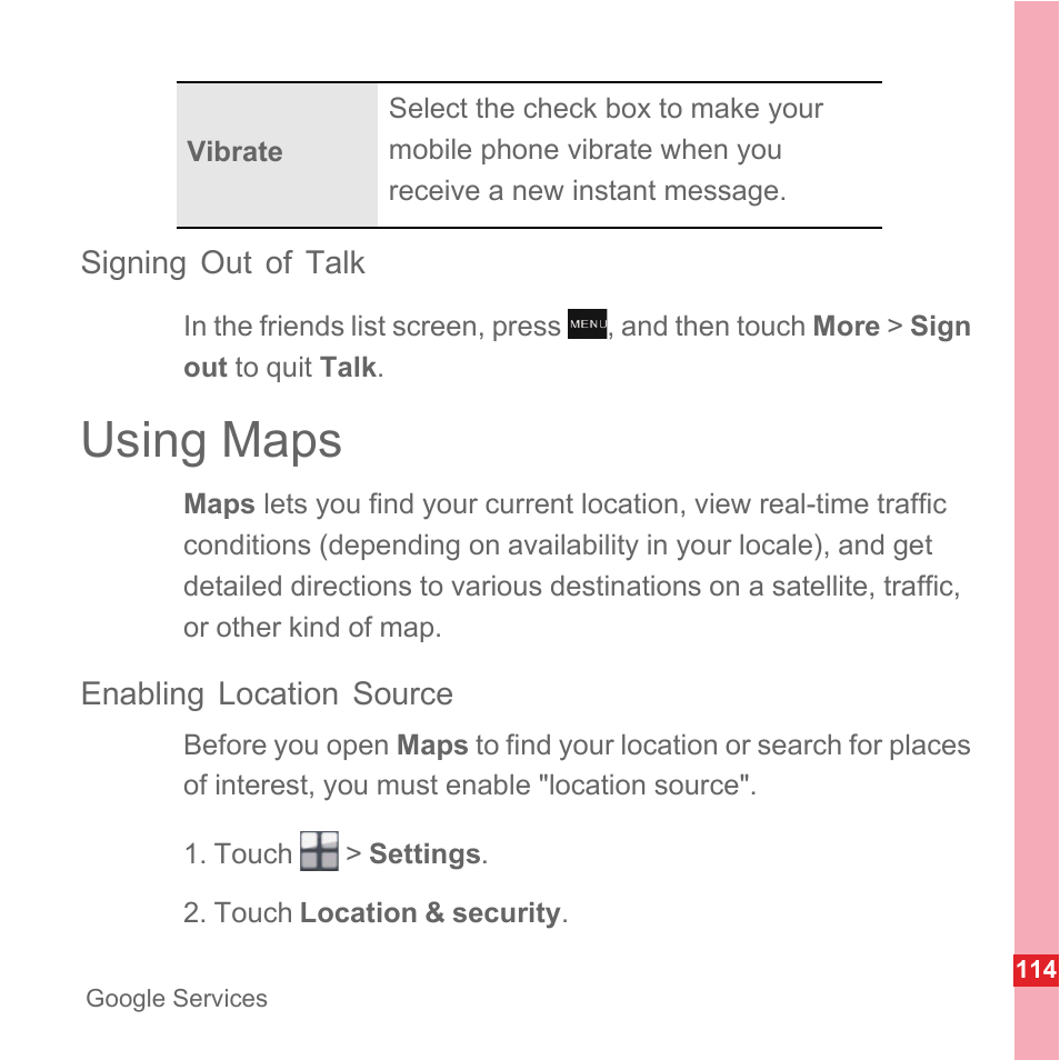 Signing out of talk, Using maps, Enabling location source | Huawei U8110 User Manual User Manual | Page 120 / 188