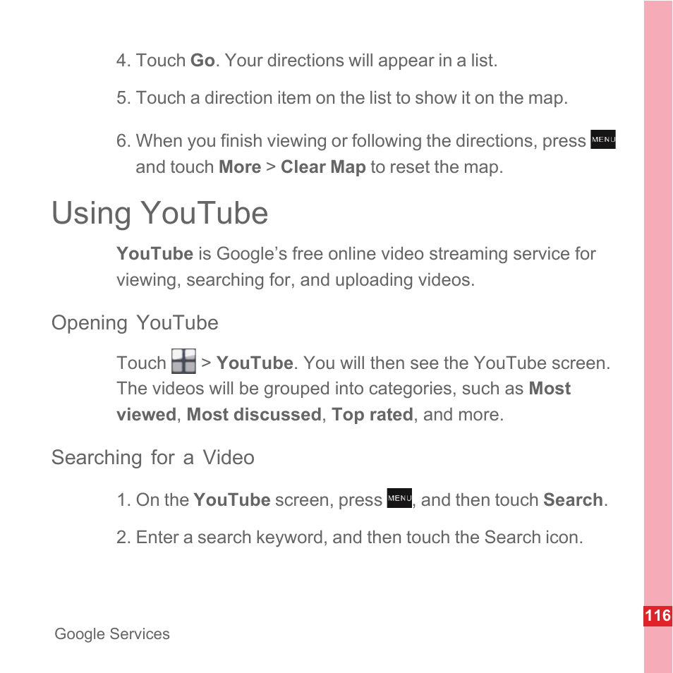 Using youtube, Opening youtube, Searching for a video | Huawei U8110 User Manual User Manual | Page 122 / 188
