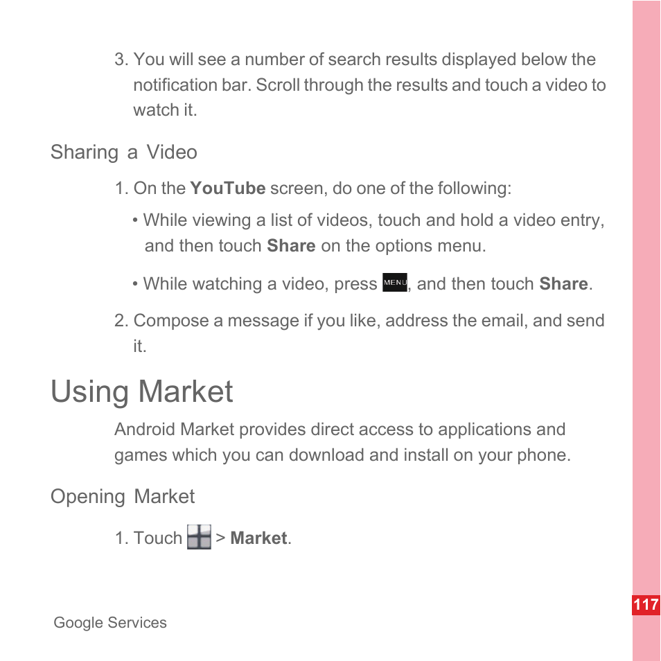 Sharing a video, Using market, Opening market | Huawei U8110 User Manual User Manual | Page 123 / 188