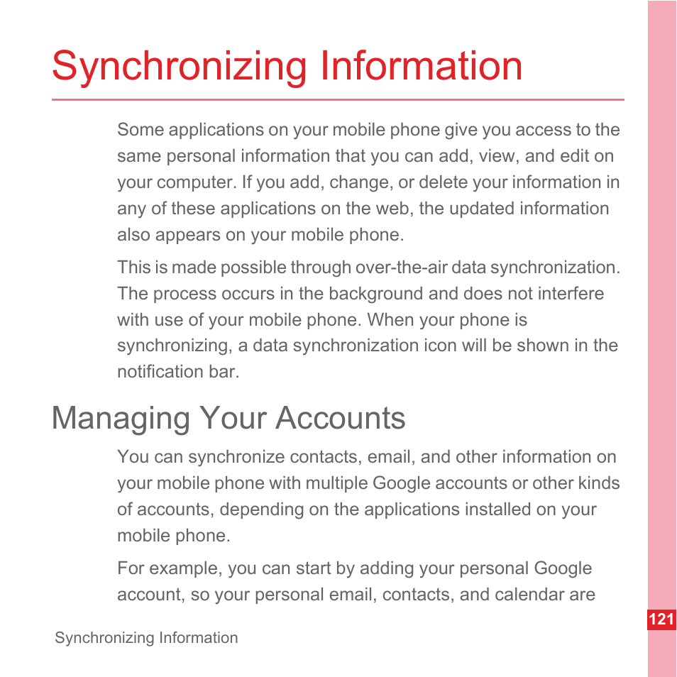 Synchronizing information, Managing your accounts | Huawei U8110 User Manual User Manual | Page 127 / 188