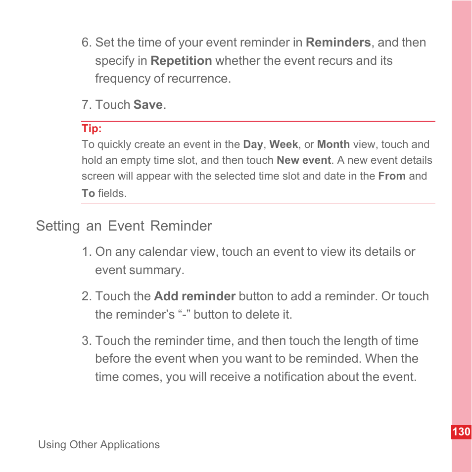 Setting an event reminder | Huawei U8110 User Manual User Manual | Page 136 / 188