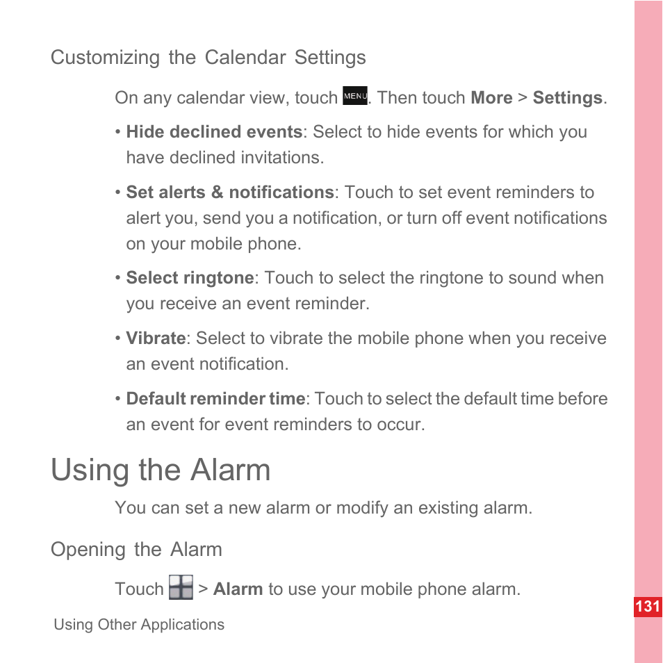 Customizing the calendar settings, Using the alarm, Opening the alarm | Huawei U8110 User Manual User Manual | Page 137 / 188