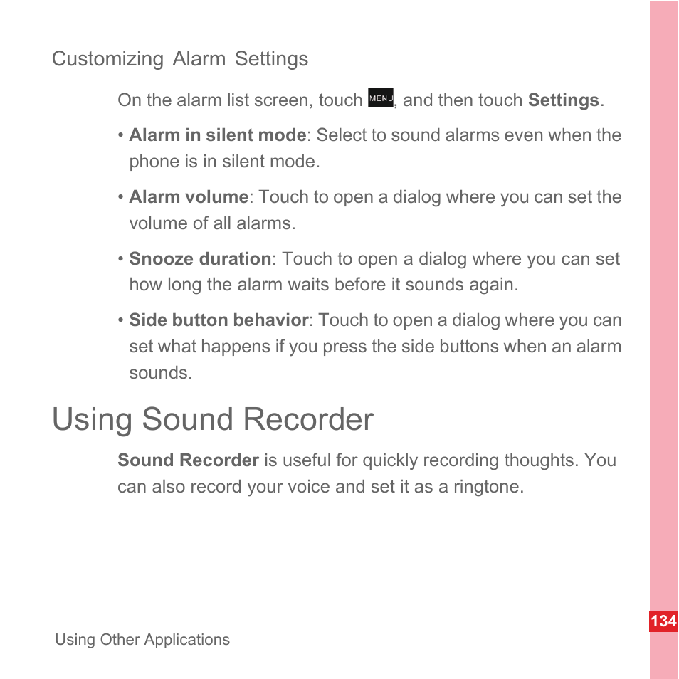 Customizing alarm settings, Using sound recorder | Huawei U8110 User Manual User Manual | Page 140 / 188