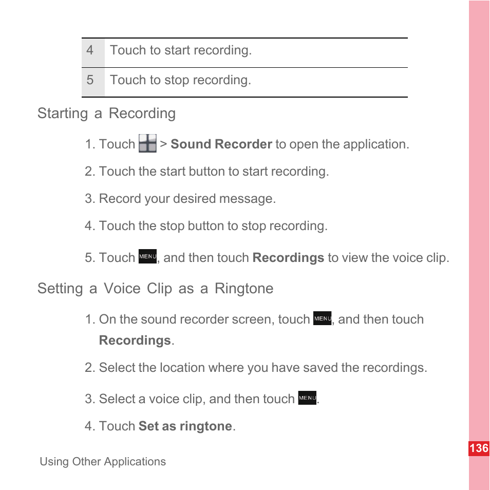 Starting a recording, Setting a voice clip as a ringtone | Huawei U8110 User Manual User Manual | Page 142 / 188