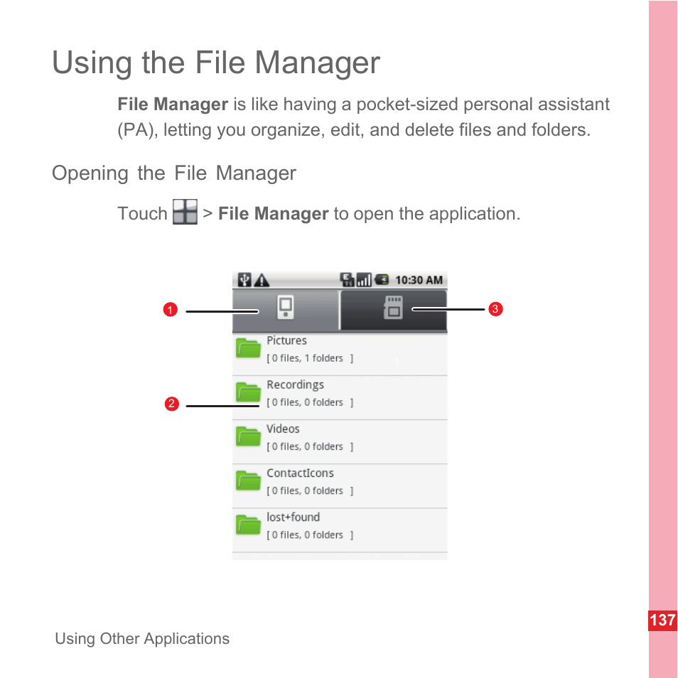 Using the file manager, Opening the file manager | Huawei U8110 User Manual User Manual | Page 143 / 188