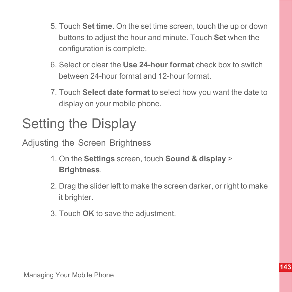 Setting the display, Adjusting the screen brightness | Huawei U8110 User Manual User Manual | Page 149 / 188