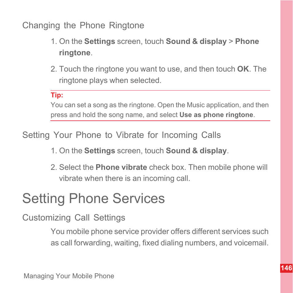 Changing the phone ringtone, Setting your phone to vibrate for incoming calls, Setting phone services | Customizing call settings | Huawei U8110 User Manual User Manual | Page 152 / 188