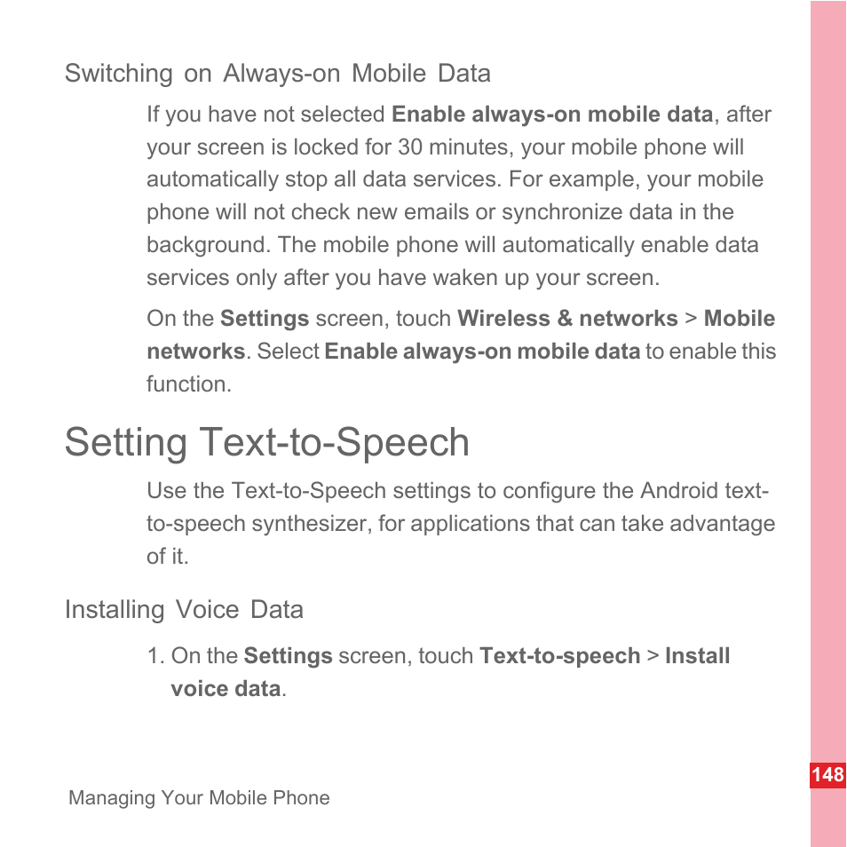 Switching on always-on mobile data, Setting text-to-speech, Installing voice data | Huawei U8110 User Manual User Manual | Page 154 / 188