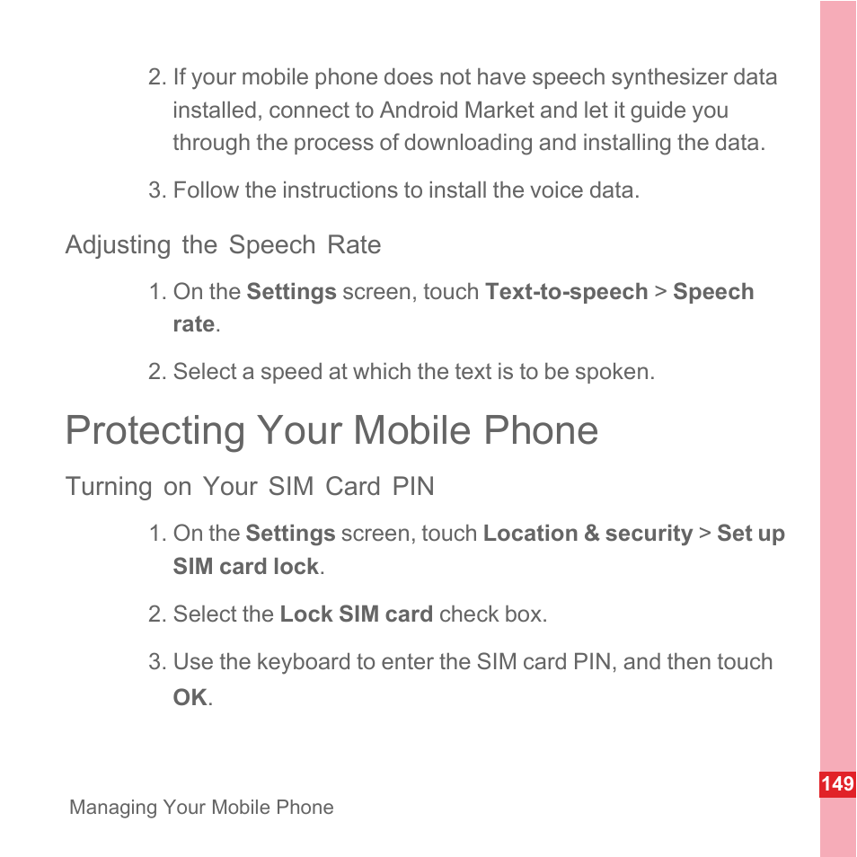 Adjusting the speech rate, Protecting your mobile phone, Turning on your sim card pin | Huawei U8110 User Manual User Manual | Page 155 / 188