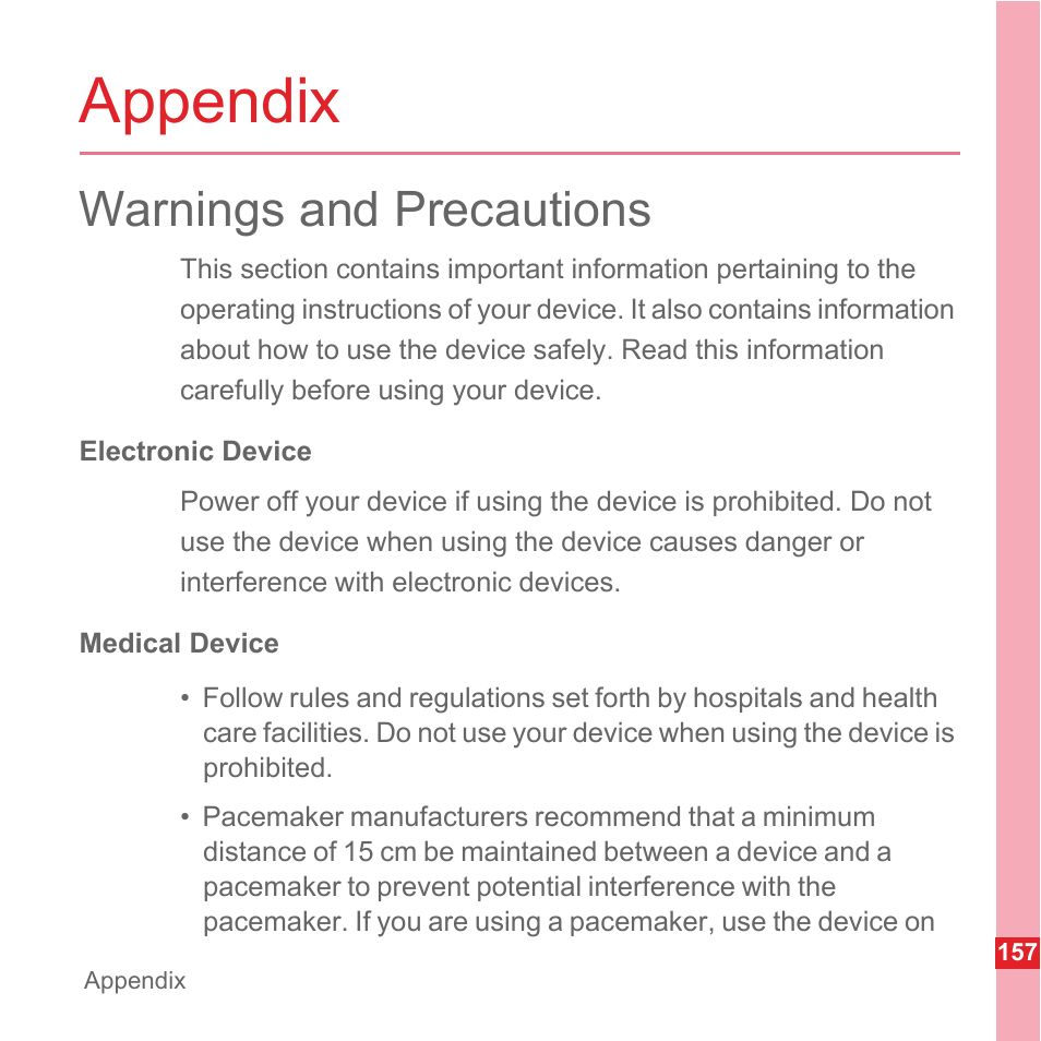 Appendix, Warnings and precautions, Electronic device | Medical device | Huawei U8110 User Manual User Manual | Page 163 / 188