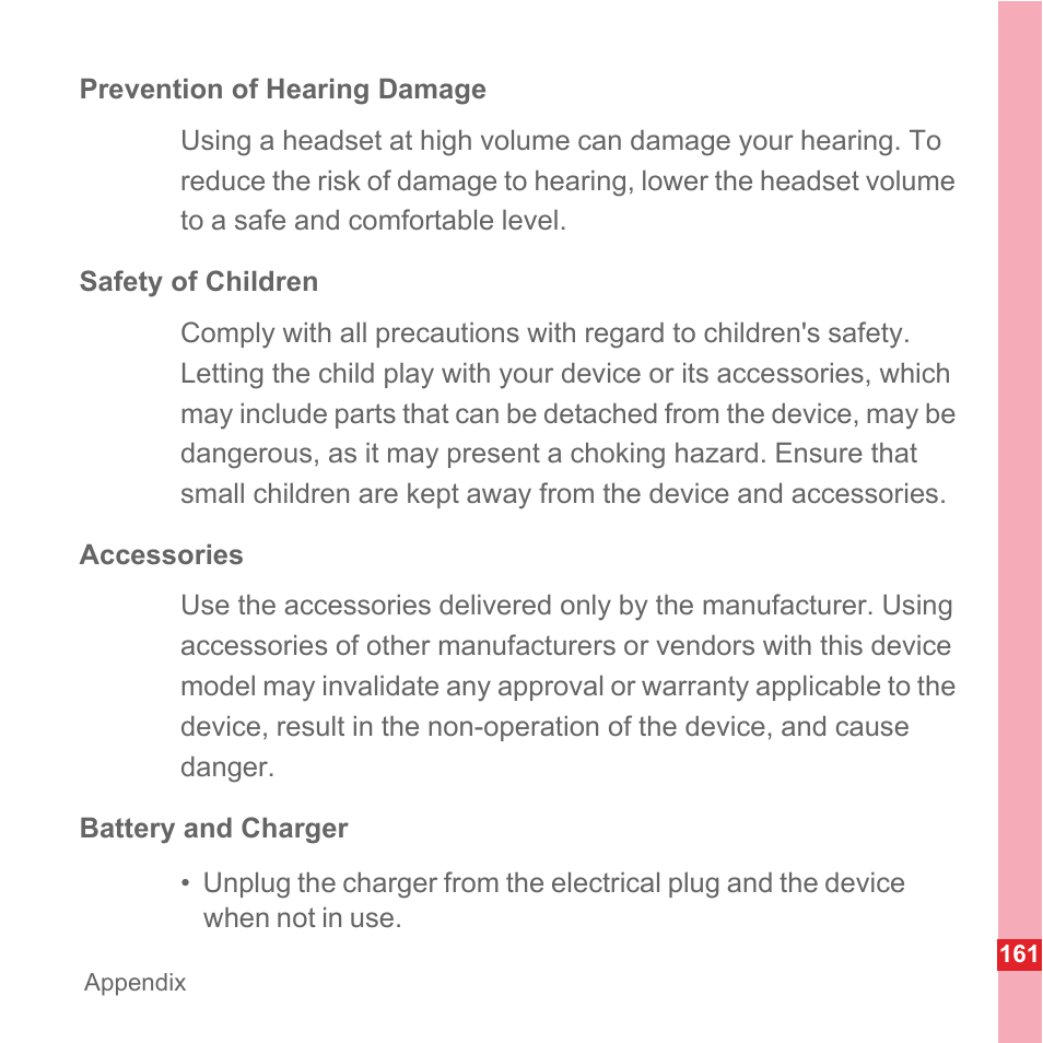 Prevention of hearing damage, Safety of children, Accessories | Battery and charger | Huawei U8110 User Manual User Manual | Page 167 / 188