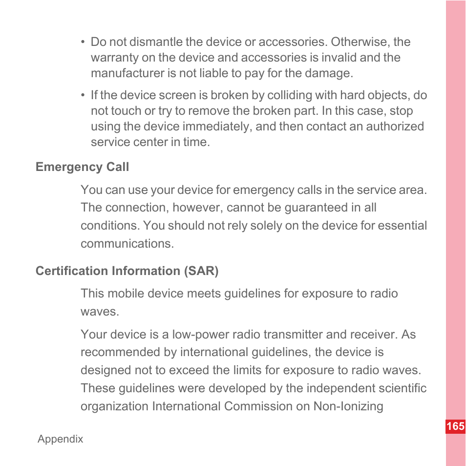 Emergency call, Certification information (sar) | Huawei U8110 User Manual User Manual | Page 171 / 188