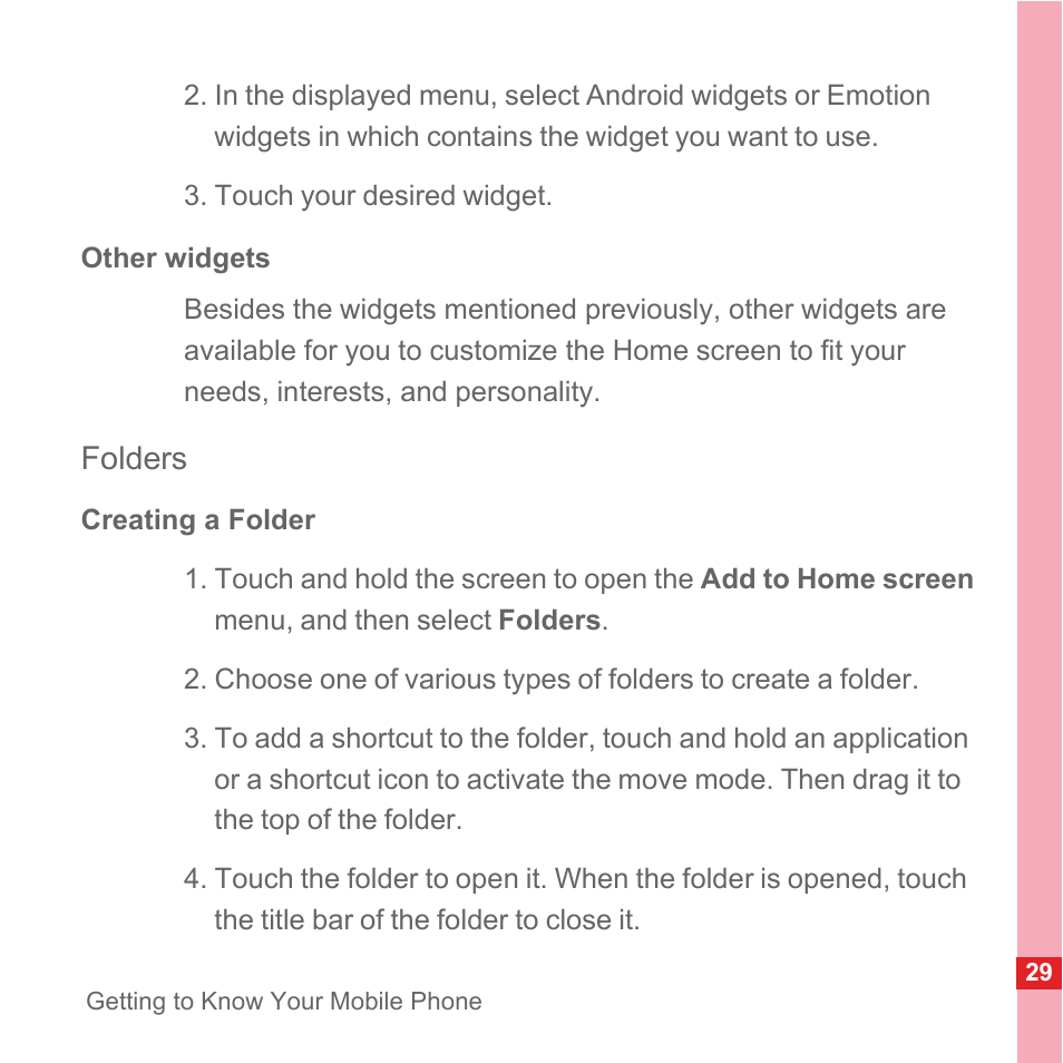 Other widgets, Folders, Creating a folder | Huawei U8110 User Manual User Manual | Page 35 / 188