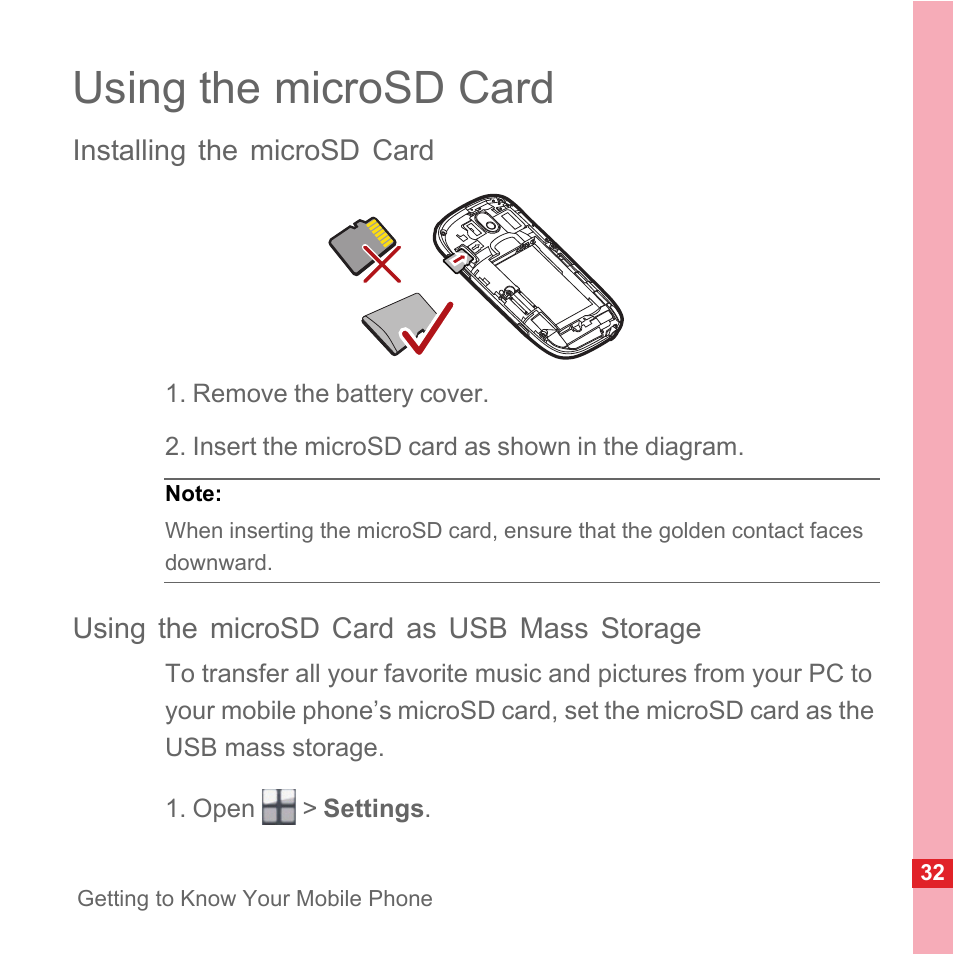 Using the microsd card, Installing the microsd card, Using the microsd card as usb mass storage | Huawei U8110 User Manual User Manual | Page 38 / 188