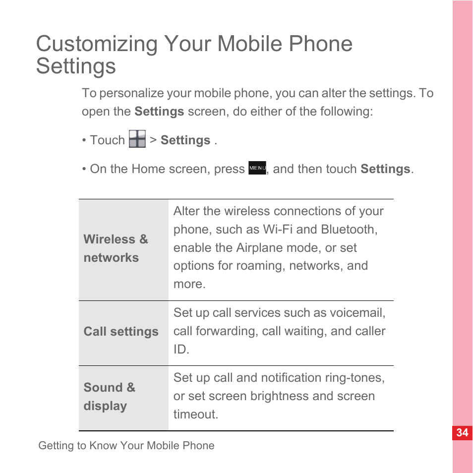 Customizing your mobile phone settings | Huawei U8110 User Manual User Manual | Page 40 / 188
