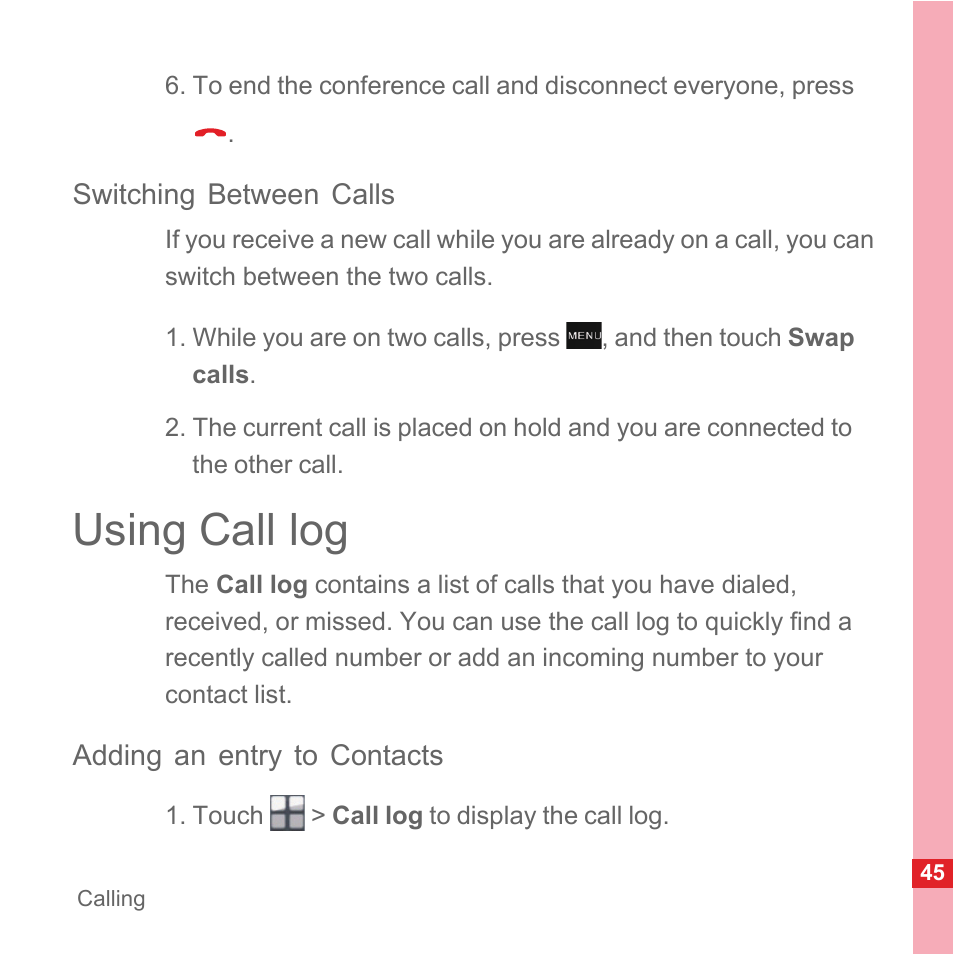 Switching between calls, Using call log, Adding an entry to contacts | Huawei U8110 User Manual User Manual | Page 51 / 188