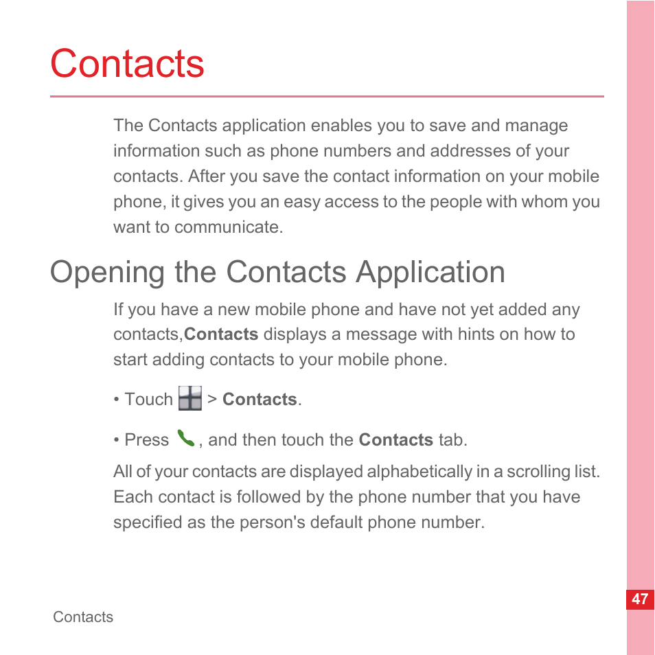 Contacts, Opening the contacts application | Huawei U8110 User Manual User Manual | Page 53 / 188