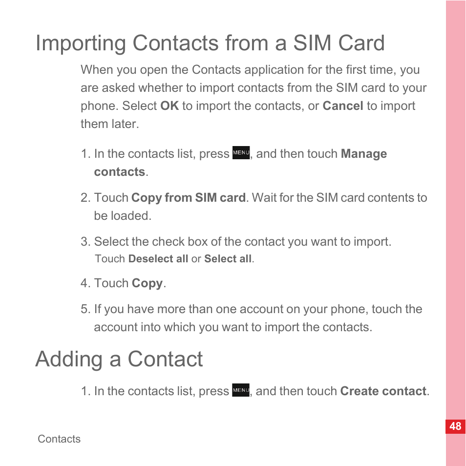 Importing contacts from a sim card, Adding a contact | Huawei U8110 User Manual User Manual | Page 54 / 188