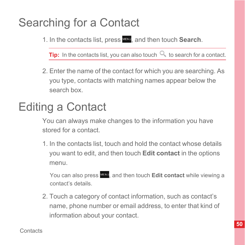 Searching for a contact, Editing a contact, Searching for a contact editing a contact | Huawei U8110 User Manual User Manual | Page 56 / 188