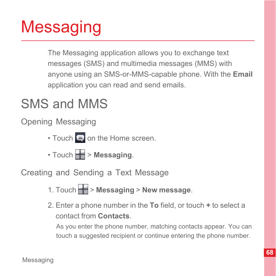 Messaging, Sms and mms, Opening messaging | Creating and sending a text message | Huawei U8110 User Manual User Manual | Page 74 / 188