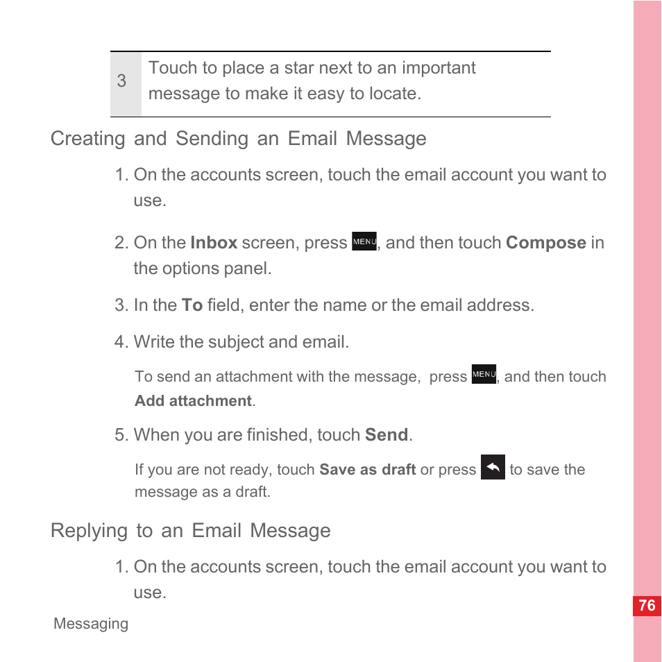 Creating and sending an email message, Replying to an email message | Huawei U8110 User Manual User Manual | Page 82 / 188