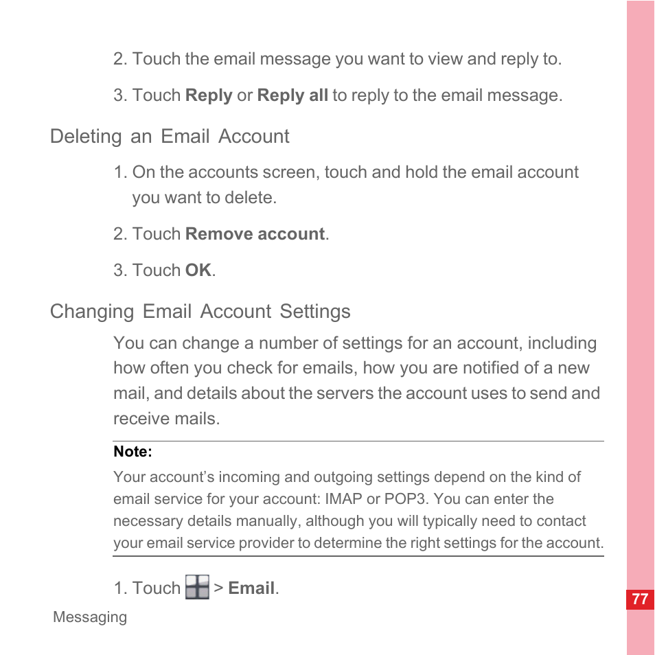 Deleting an email account, Changing email account settings | Huawei U8110 User Manual User Manual | Page 83 / 188