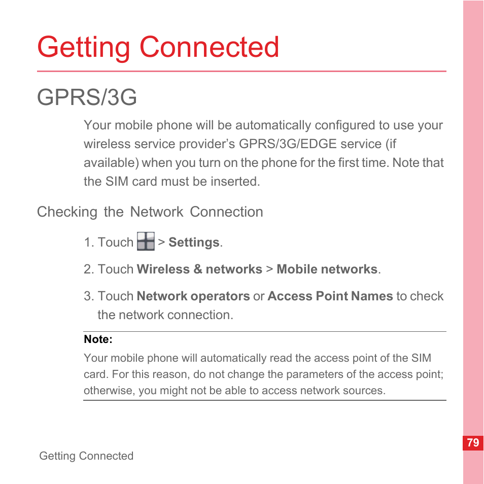 Getting connected, Gprs/3g, Checking the network connection | Huawei U8110 User Manual User Manual | Page 85 / 188