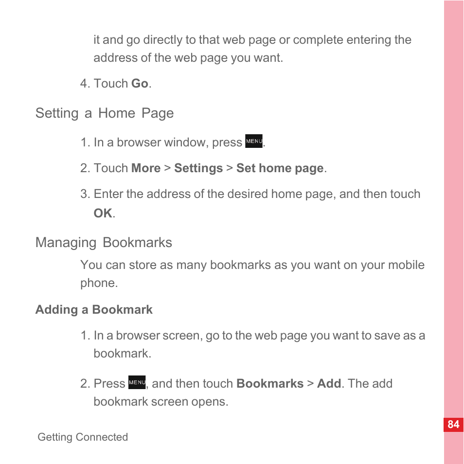 Managing bookmarks, Adding a bookmark, Setting a home page | Huawei U8110 User Manual User Manual | Page 90 / 188