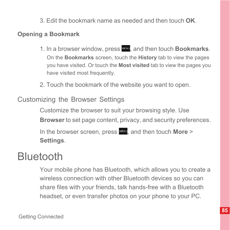 Opening a bookmark, Customizing the browser settings, Bluetooth | Huawei U8110 User Manual User Manual | Page 91 / 188