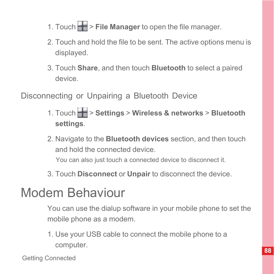 Disconnecting or unpairing a bluetooth device, Modem behaviour | Huawei U8110 User Manual User Manual | Page 94 / 188