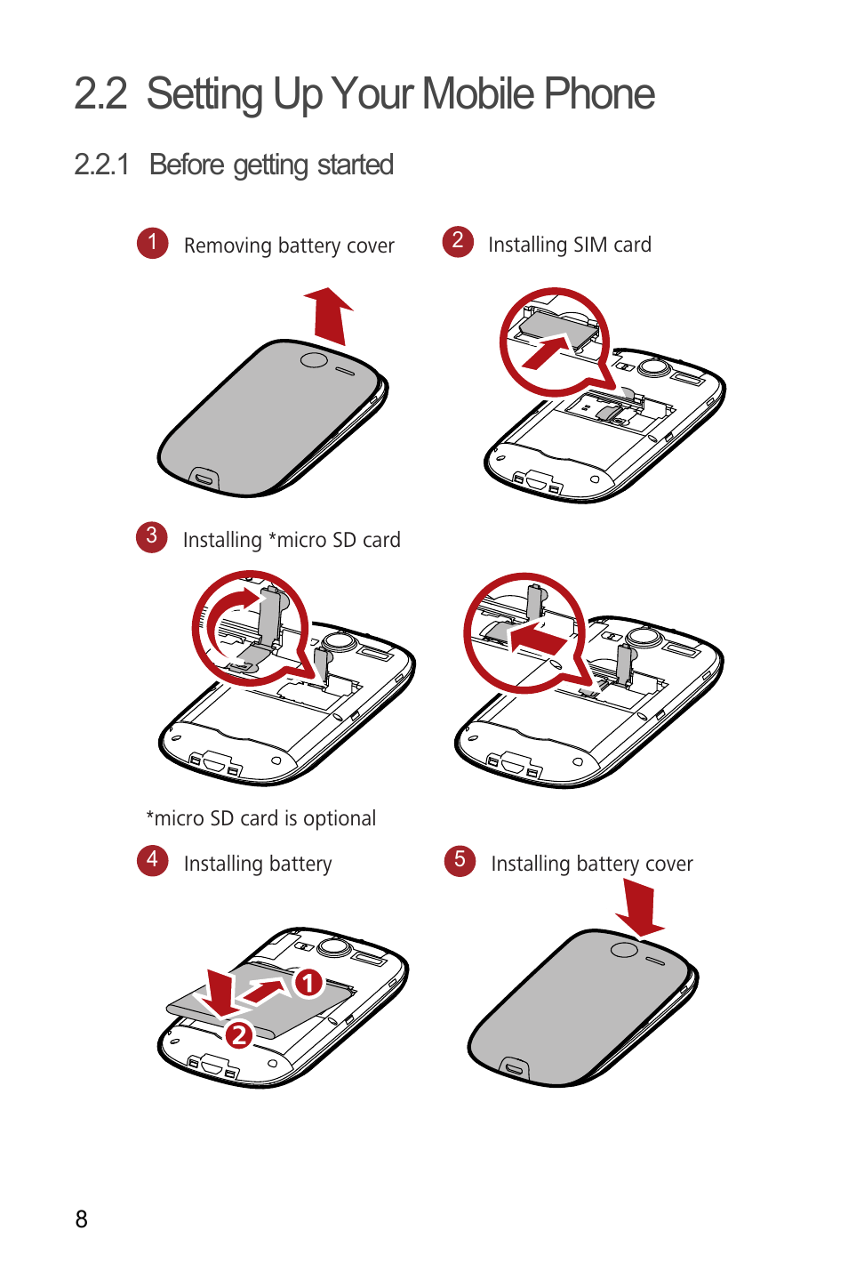 2 setting up your mobile phone, 1 before getting started | Huawei U8180 User Manual User Manual | Page 11 / 61