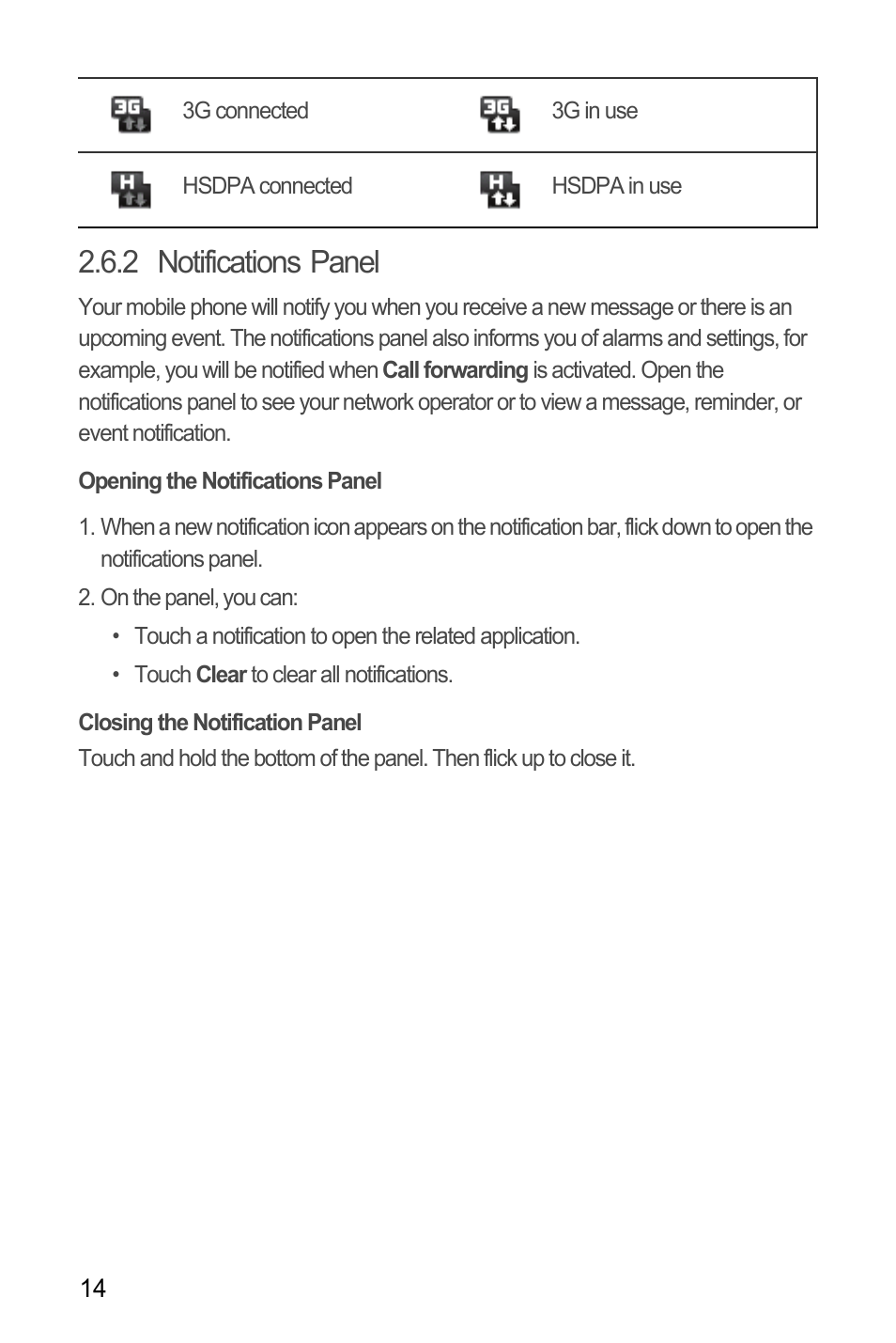 2 notifications panel, Opening the notifications panel, Closing the notification panel | Huawei U8180 User Manual User Manual | Page 17 / 61