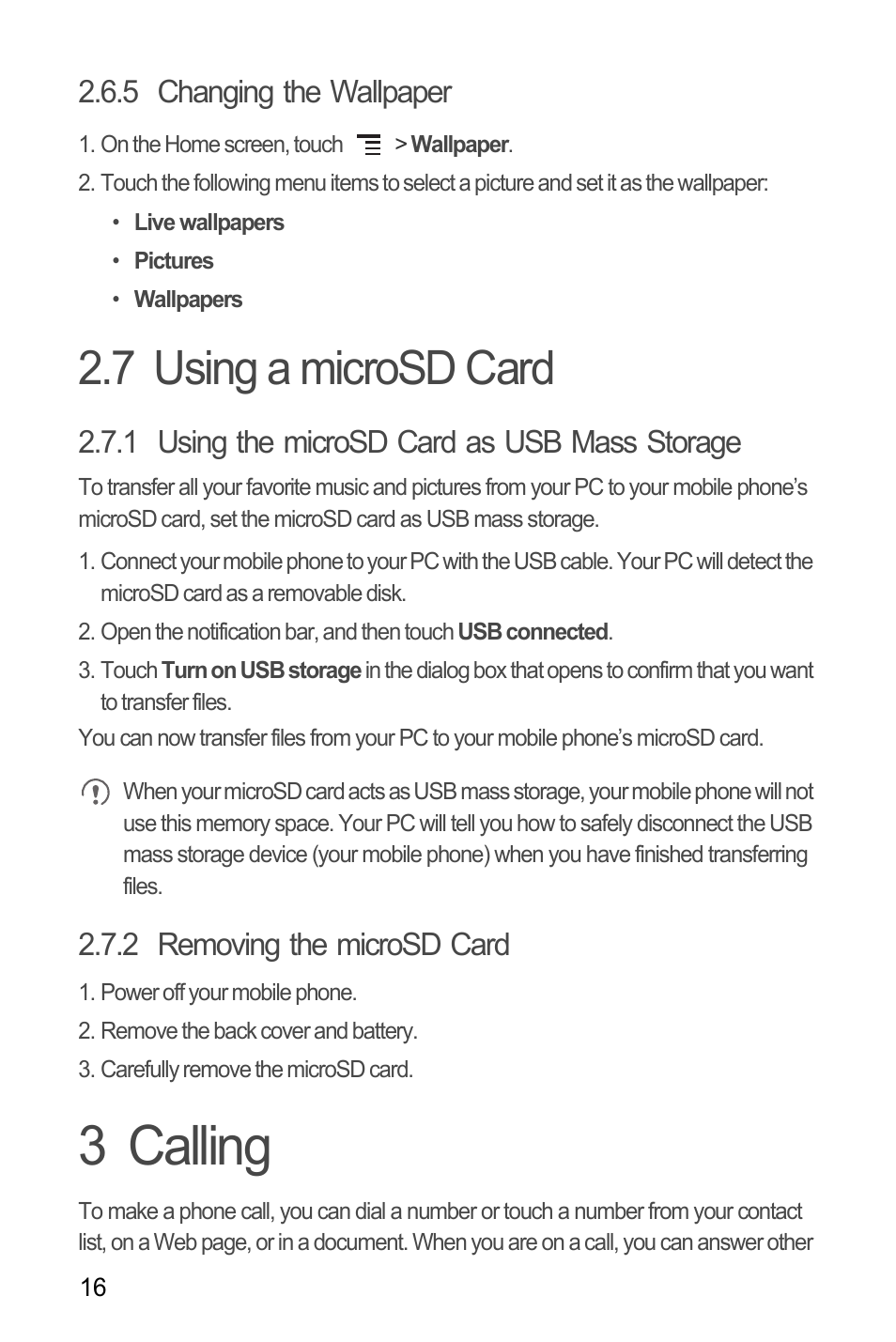 5 changing the wallpaper, 7 using a microsd card, 1 using the microsd card as usb mass storage | 2 removing the microsd card, 3 calling | Huawei U8180 User Manual User Manual | Page 19 / 61